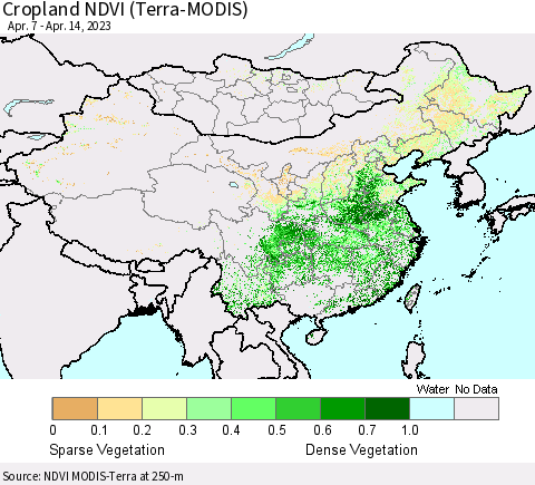 China, Mongolia and Taiwan Cropland NDVI (Terra-MODIS) Thematic Map For 4/7/2023 - 4/14/2023
