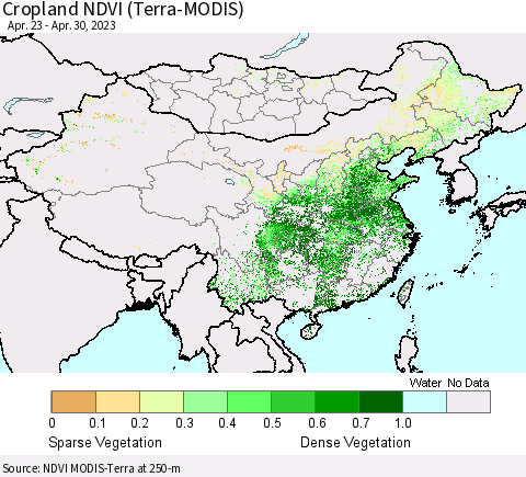 China, Mongolia and Taiwan Cropland NDVI (Terra-MODIS) Thematic Map For 4/23/2023 - 4/30/2023