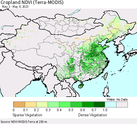 China, Mongolia and Taiwan Cropland NDVI (Terra-MODIS) Thematic Map For 5/1/2023 - 5/8/2023