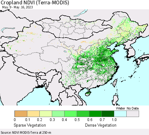 China, Mongolia and Taiwan Cropland NDVI (Terra-MODIS) Thematic Map For 5/9/2023 - 5/16/2023