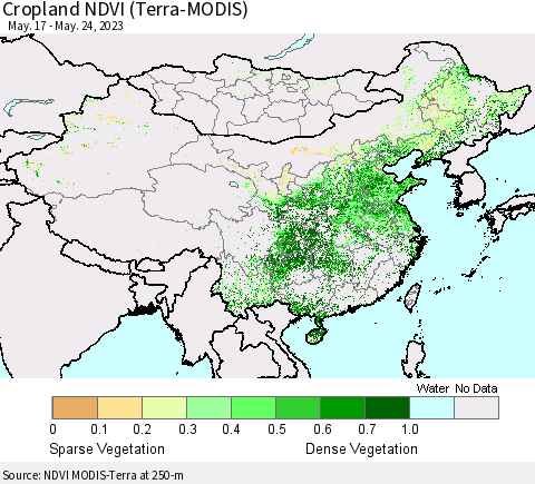China, Mongolia and Taiwan Cropland NDVI (Terra-MODIS) Thematic Map For 5/17/2023 - 5/24/2023