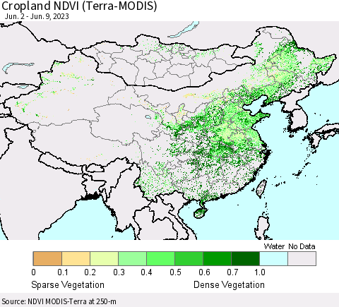 China, Mongolia and Taiwan Cropland NDVI (Terra-MODIS) Thematic Map For 6/2/2023 - 6/9/2023