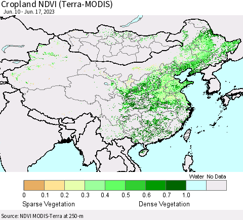 China, Mongolia and Taiwan Cropland NDVI (Terra-MODIS) Thematic Map For 6/10/2023 - 6/17/2023