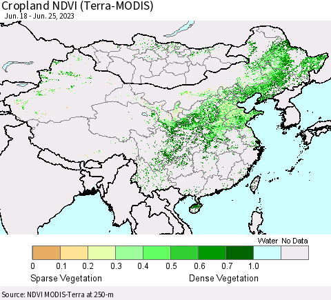 China, Mongolia and Taiwan Cropland NDVI (Terra-MODIS) Thematic Map For 6/18/2023 - 6/25/2023