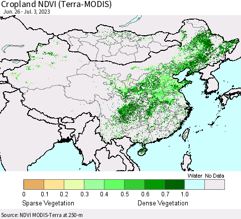 China, Mongolia and Taiwan Cropland NDVI (Terra-MODIS) Thematic Map For 6/26/2023 - 7/3/2023
