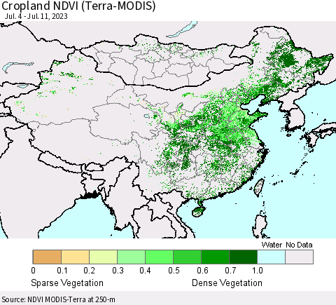 China, Mongolia and Taiwan Cropland NDVI (Terra-MODIS) Thematic Map For 7/4/2023 - 7/11/2023