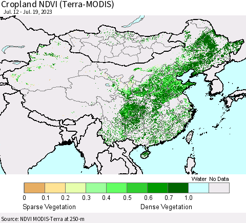 China, Mongolia and Taiwan Cropland NDVI (Terra-MODIS) Thematic Map For 7/12/2023 - 7/19/2023