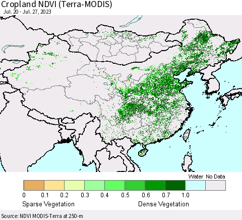 China, Mongolia and Taiwan Cropland NDVI (Terra-MODIS) Thematic Map For 7/20/2023 - 7/27/2023