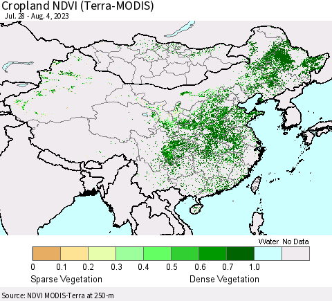 China, Mongolia and Taiwan Cropland NDVI (Terra-MODIS) Thematic Map For 7/28/2023 - 8/4/2023
