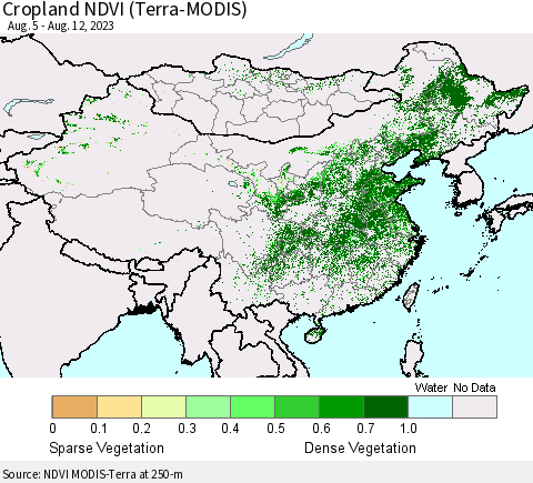 China, Mongolia and Taiwan Cropland NDVI (Terra-MODIS) Thematic Map For 8/5/2023 - 8/12/2023