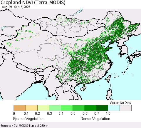 China, Mongolia and Taiwan Cropland NDVI (Terra-MODIS) Thematic Map For 8/29/2023 - 9/5/2023
