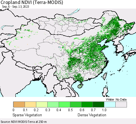 China, Mongolia and Taiwan Cropland NDVI (Terra-MODIS) Thematic Map For 9/6/2023 - 9/13/2023