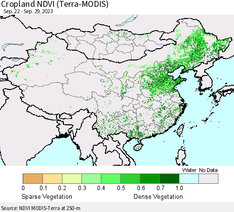 China, Mongolia and Taiwan Cropland NDVI (Terra-MODIS) Thematic Map For 9/22/2023 - 9/29/2023