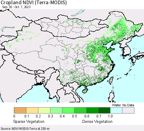 China, Mongolia and Taiwan Cropland NDVI (Terra-MODIS) Thematic Map For 9/30/2023 - 10/7/2023
