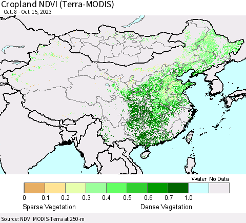 China, Mongolia and Taiwan Cropland NDVI (Terra-MODIS) Thematic Map For 10/8/2023 - 10/15/2023