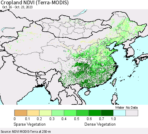 China, Mongolia and Taiwan Cropland NDVI (Terra-MODIS) Thematic Map For 10/16/2023 - 10/23/2023