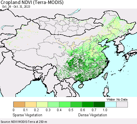 China, Mongolia and Taiwan Cropland NDVI (Terra-MODIS) Thematic Map For 10/24/2023 - 10/31/2023