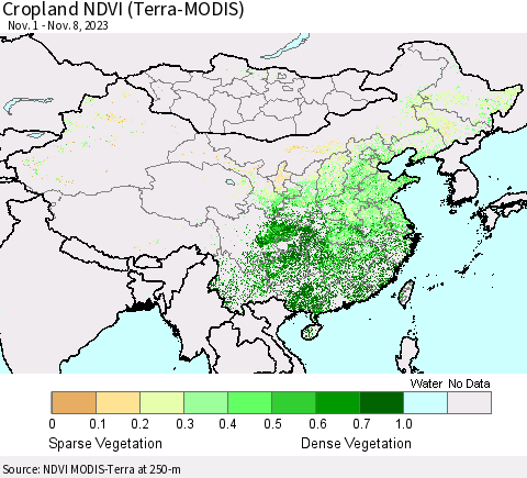 China, Mongolia and Taiwan Cropland NDVI (Terra-MODIS) Thematic Map For 11/1/2023 - 11/8/2023