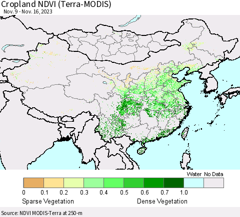 China, Mongolia and Taiwan Cropland NDVI (Terra-MODIS) Thematic Map For 11/9/2023 - 11/16/2023