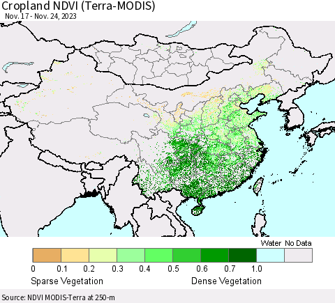 China, Mongolia and Taiwan Cropland NDVI (Terra-MODIS) Thematic Map For 11/17/2023 - 11/24/2023