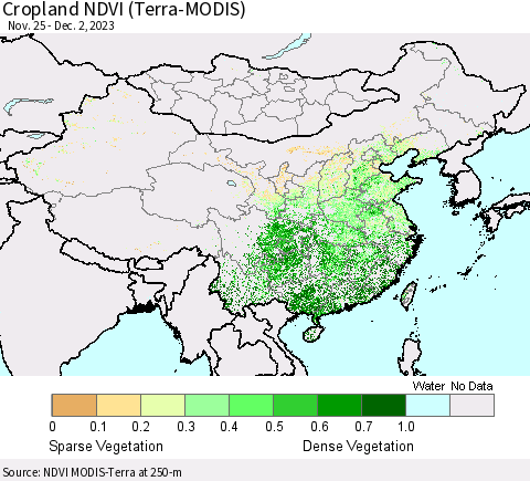 China, Mongolia and Taiwan Cropland NDVI (Terra-MODIS) Thematic Map For 11/25/2023 - 12/2/2023