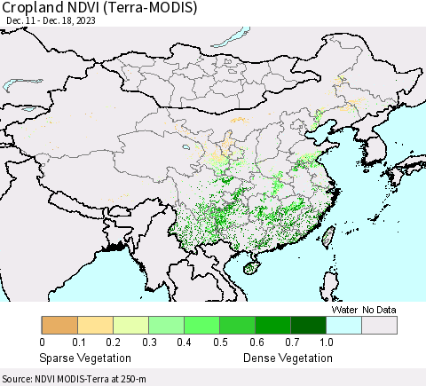 China, Mongolia and Taiwan Cropland NDVI (Terra-MODIS) Thematic Map For 12/11/2023 - 12/18/2023