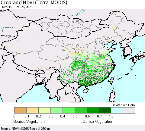 China, Mongolia and Taiwan Cropland NDVI (Terra-MODIS) Thematic Map For 12/19/2023 - 12/26/2023