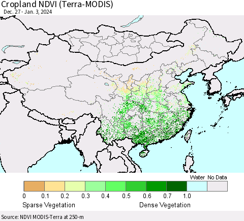 China, Mongolia and Taiwan Cropland NDVI (Terra-MODIS) Thematic Map For 12/27/2023 - 1/3/2024