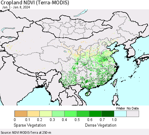 China, Mongolia and Taiwan Cropland NDVI (Terra-MODIS) Thematic Map For 1/1/2024 - 1/8/2024