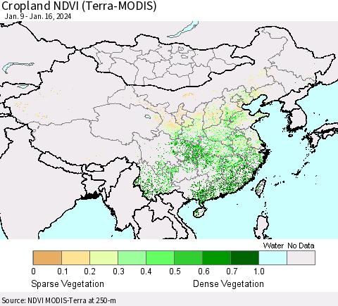 China, Mongolia and Taiwan Cropland NDVI (Terra-MODIS) Thematic Map For 1/9/2024 - 1/16/2024