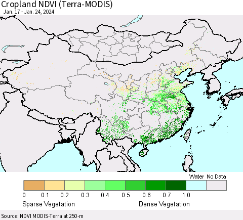 China, Mongolia and Taiwan Cropland NDVI (Terra-MODIS) Thematic Map For 1/17/2024 - 1/24/2024