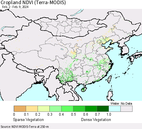 China, Mongolia and Taiwan Cropland NDVI (Terra-MODIS) Thematic Map For 2/2/2024 - 2/9/2024