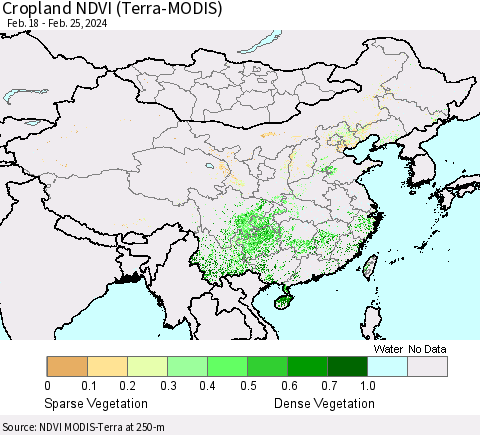 China, Mongolia and Taiwan Cropland NDVI (Terra-MODIS) Thematic Map For 2/18/2024 - 2/25/2024