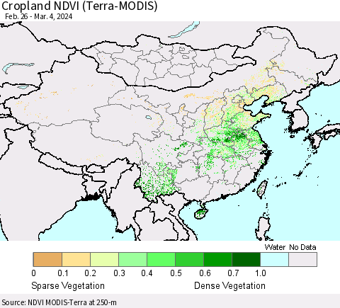 China, Mongolia and Taiwan Cropland NDVI (Terra-MODIS) Thematic Map For 2/26/2024 - 3/4/2024