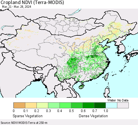 China, Mongolia and Taiwan Cropland NDVI (Terra-MODIS) Thematic Map For 3/21/2024 - 3/28/2024