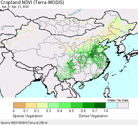China, Mongolia and Taiwan Cropland NDVI (Terra-MODIS) Thematic Map For 4/6/2024 - 4/13/2024