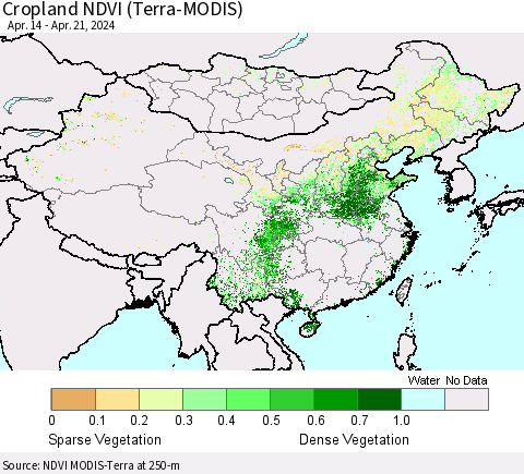 China, Mongolia and Taiwan Cropland NDVI (Terra-MODIS) Thematic Map For 4/14/2024 - 4/21/2024