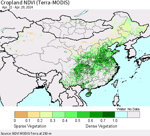 China, Mongolia and Taiwan Cropland NDVI (Terra-MODIS) Thematic Map For 4/22/2024 - 4/29/2024
