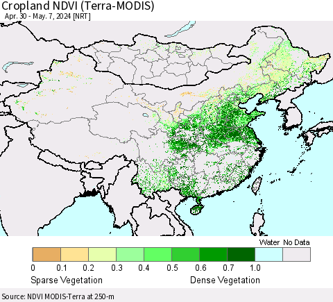 China, Mongolia and Taiwan Cropland NDVI (Terra-MODIS) Thematic Map For 4/30/2024 - 5/7/2024
