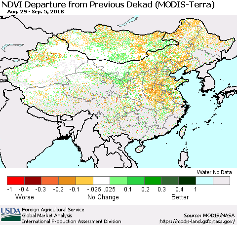 China and Taiwan NDVI Departure from Previous Dekad (Terra-MODIS) Thematic Map For 9/1/2018 - 9/10/2018