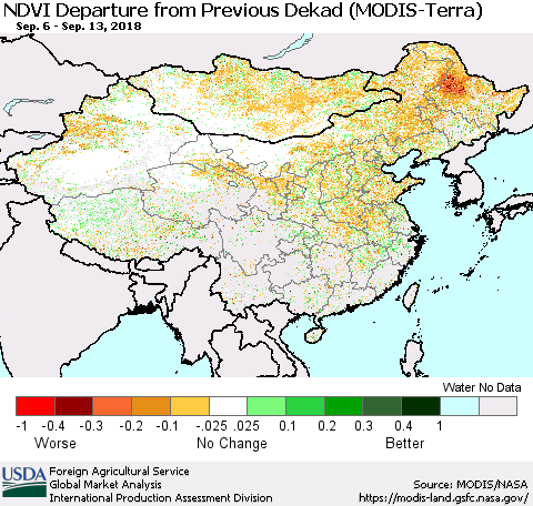 China, Mongolia and Taiwan NDVI Departure from Previous Dekad (Terra-MODIS) Thematic Map For 9/11/2018 - 9/20/2018