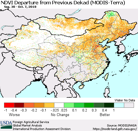 China, Mongolia and Taiwan NDVI Departure from Previous Dekad (Terra-MODIS) Thematic Map For 10/1/2018 - 10/10/2018