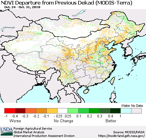 China and Taiwan NDVI Departure from Previous Dekad (Terra-MODIS) Thematic Map For 10/21/2018 - 10/31/2018