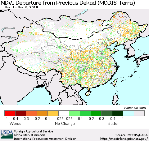 China and Taiwan NDVI Departure from Previous Dekad (Terra-MODIS) Thematic Map For 11/1/2018 - 11/10/2018