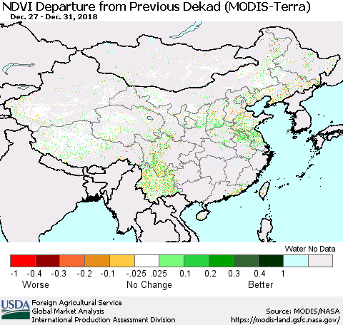 China, Mongolia and Taiwan NDVI Departure from Previous Dekad (Terra-MODIS) Thematic Map For 12/21/2018 - 12/31/2018