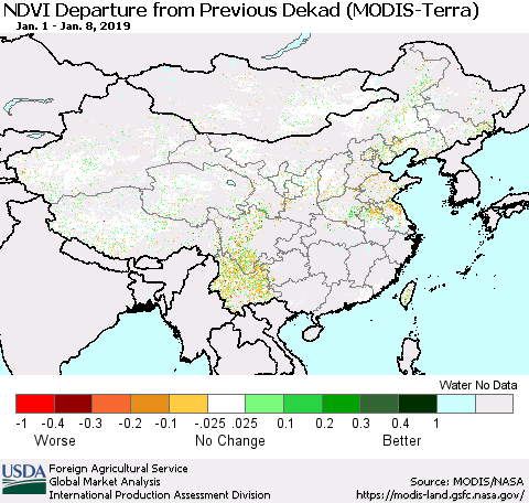 China, Mongolia and Taiwan NDVI Departure from Previous Dekad (Terra-MODIS) Thematic Map For 1/1/2019 - 1/10/2019