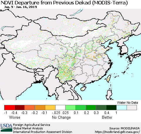 China and Taiwan NDVI Departure from Previous Dekad (Terra-MODIS) Thematic Map For 1/11/2019 - 1/20/2019