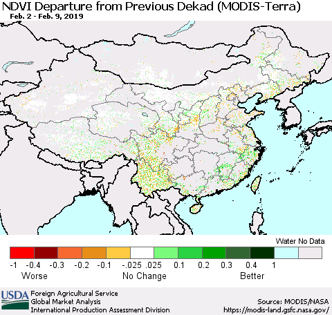 China and Taiwan NDVI Departure from Previous Dekad (Terra-MODIS) Thematic Map For 2/1/2019 - 2/10/2019