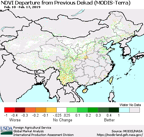 China, Mongolia and Taiwan NDVI Departure from Previous Dekad (Terra-MODIS) Thematic Map For 2/11/2019 - 2/20/2019
