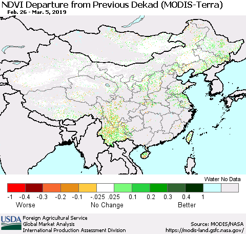 China and Taiwan NDVI Departure from Previous Dekad (Terra-MODIS) Thematic Map For 3/1/2019 - 3/10/2019